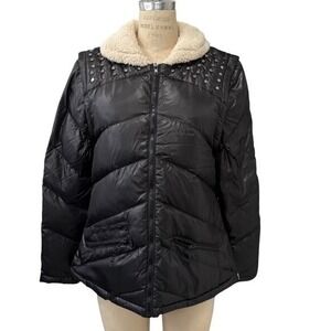NEW One Teaspoon Studded Black Puffer Jacket Convertible to Vest Sherpa Collar